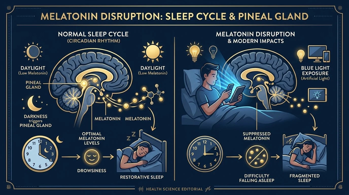 Pineal gland melatonin disruption affecting sleep cycle — circadian rhythm editorial illustration