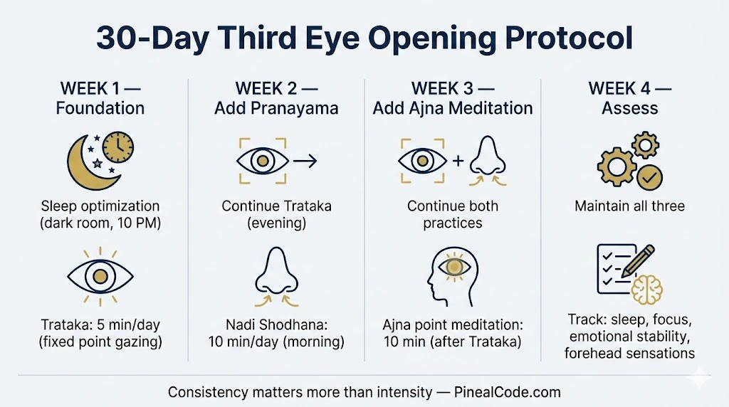 30-day third eye opening protocol infographic showing weekly meditation progression