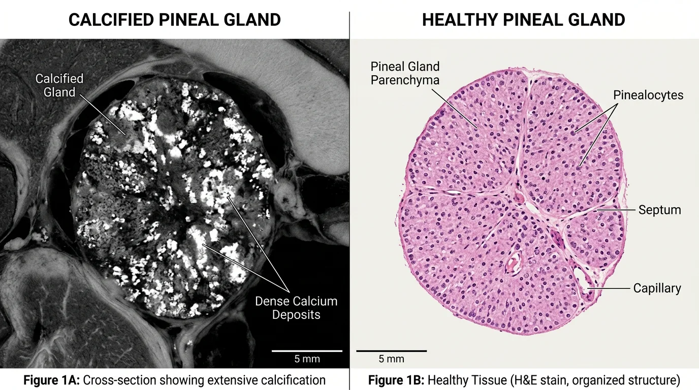 Side-by-side MRI and H&E histology of calcified versus healthy pineal gland tissue