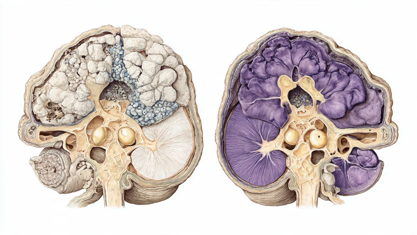 Medical diagram comparing calcified pineal gland with healthy decalcified pineal gland