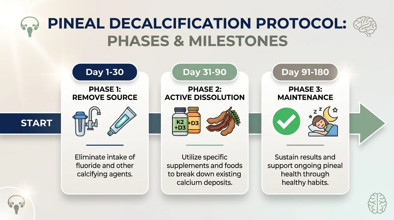 Pineal Decalcification Protocol: Phases & Milestones infographic — Day 1-30 remove source, Day 31-90 active dissolution, Day 91-180 maintenance