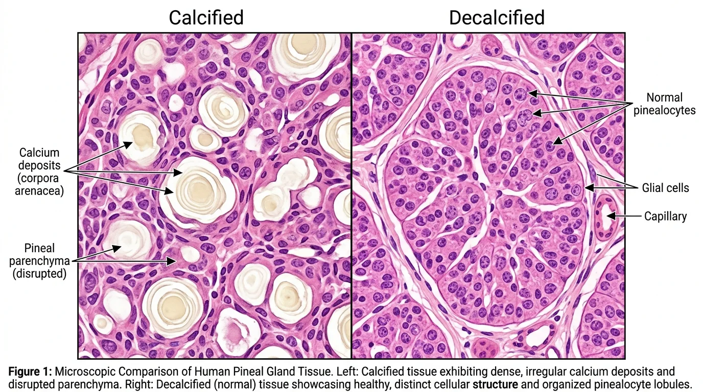 Microscopic histology side-by-side: calcified pineal tissue with corpora arenacea versus decalcified organized tissue