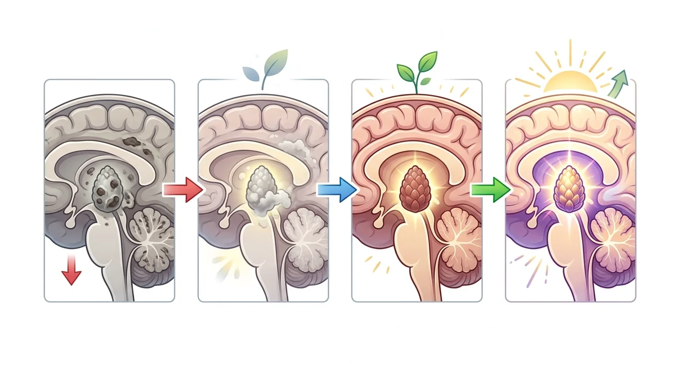 Timeline infographic showing pineal gland reversal stages from 0 to 12 months