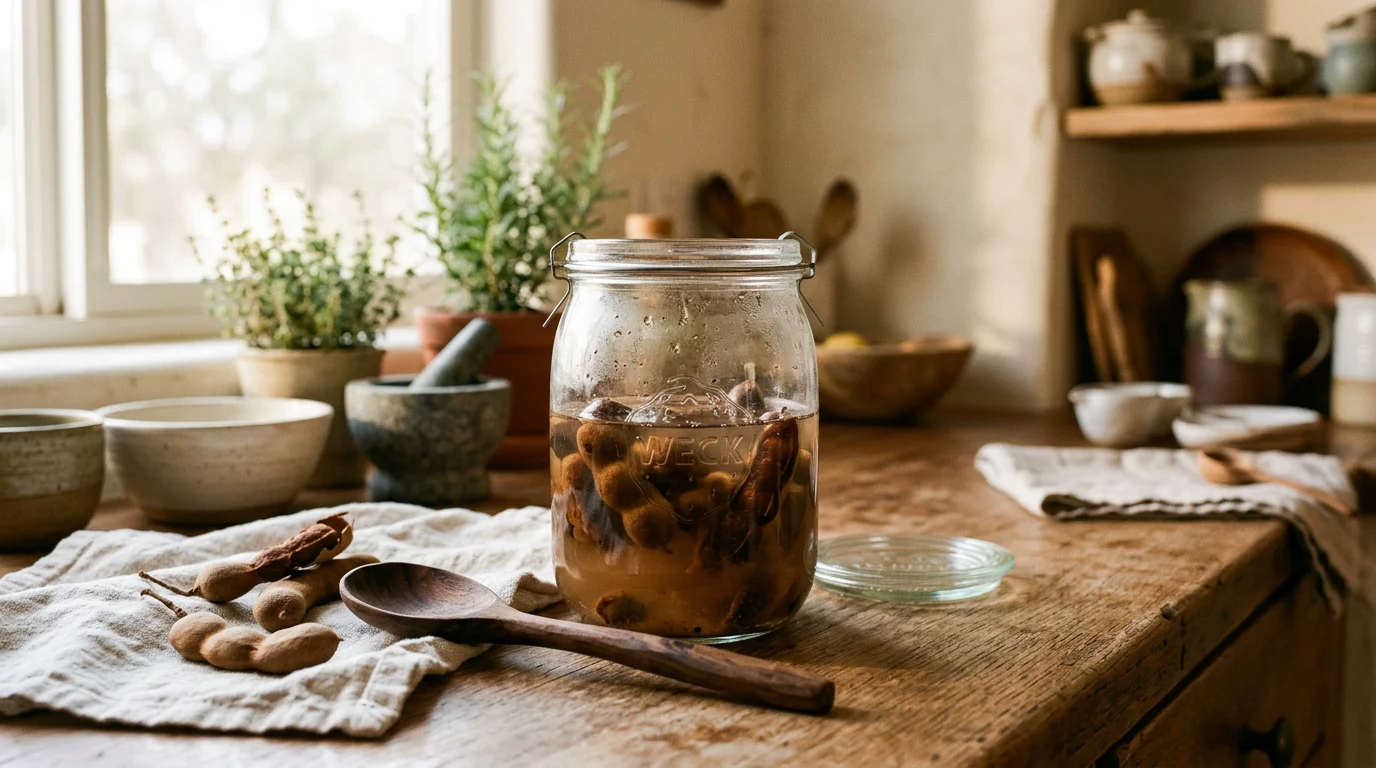 Whole tamarind pods soaking overnight in glass jar on wooden kitchen counter