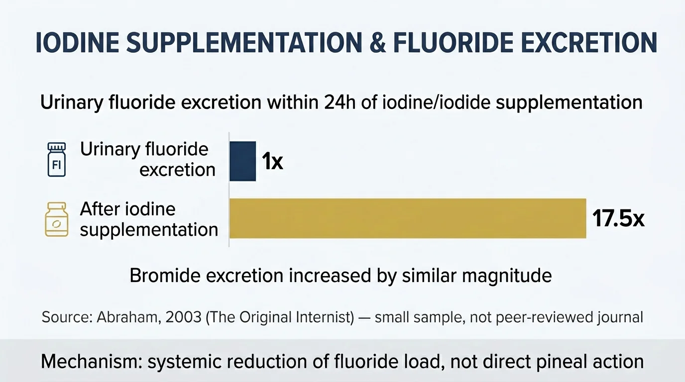 Iodine supplementation increases urinary fluoride excretion 17.5 times — Abraham 2003 clinical observation chart