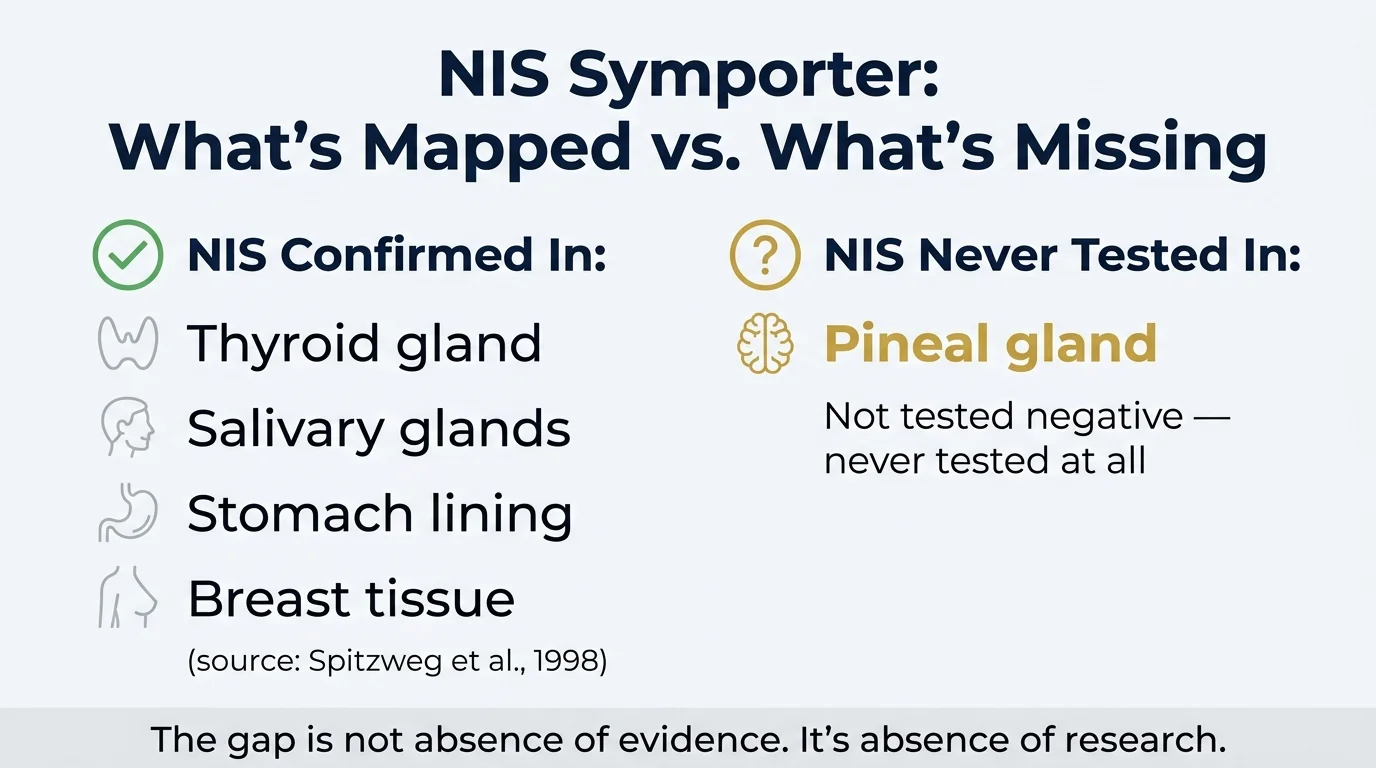 NIS sodium-iodide symporter mechanism showing iodine transport and pineal gland research gap diagram