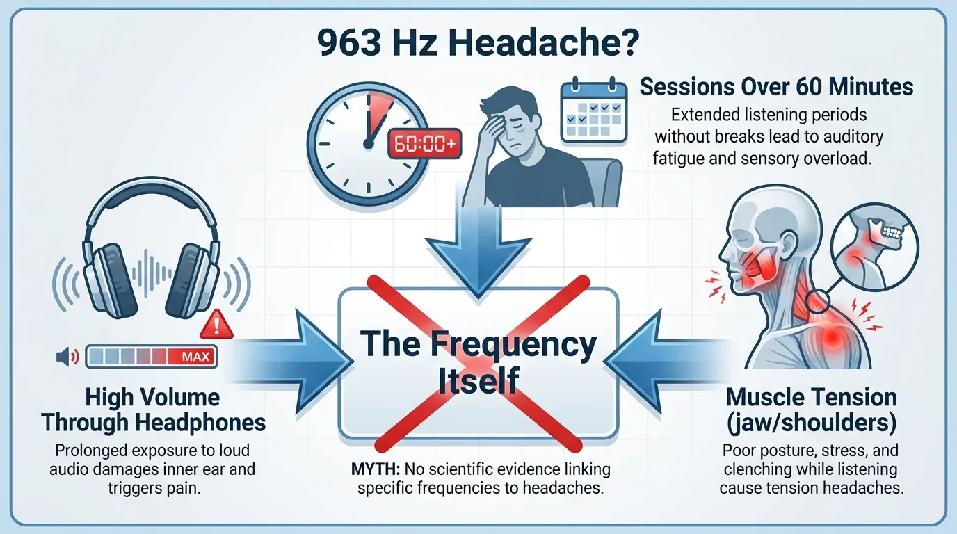 Diagram debunking 963 Hz headache claims: actual causes shown are high volume through headphones, extended sessions over 60 minutes, muscle tension from meditation posture — not the frequency itself