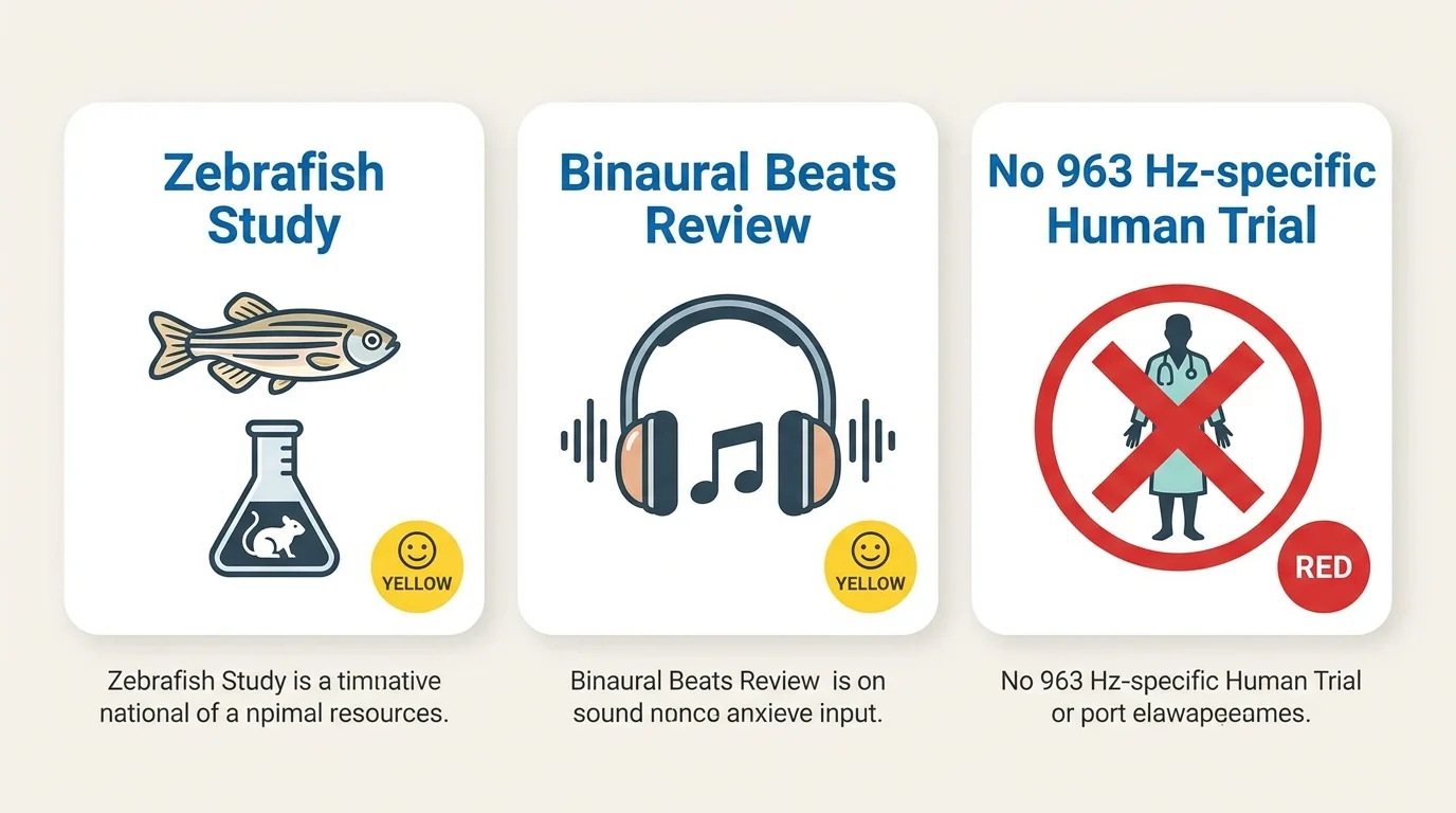 Evidence quality chart showing available research on 963 Hz: zebrafish study (animal model, not human), binaural beats PMC review (general audio, not 963 Hz specific), Singapore Management University review (potential noted, more research needed)