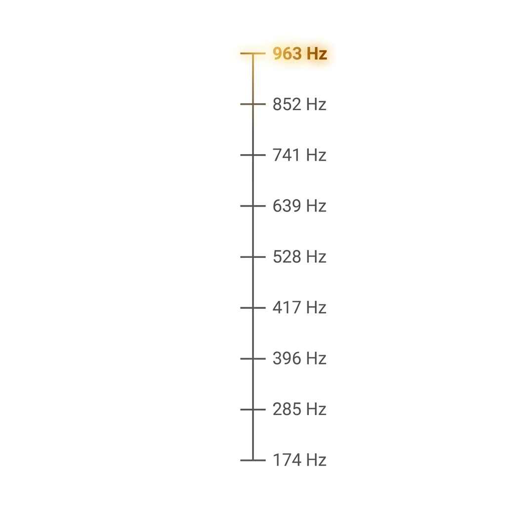 Diagram showing 963 Hz as the highest point on the extended Solfeggio scale, ranging from 174 Hz at the base to 963 Hz at the top, with each frequency labeled