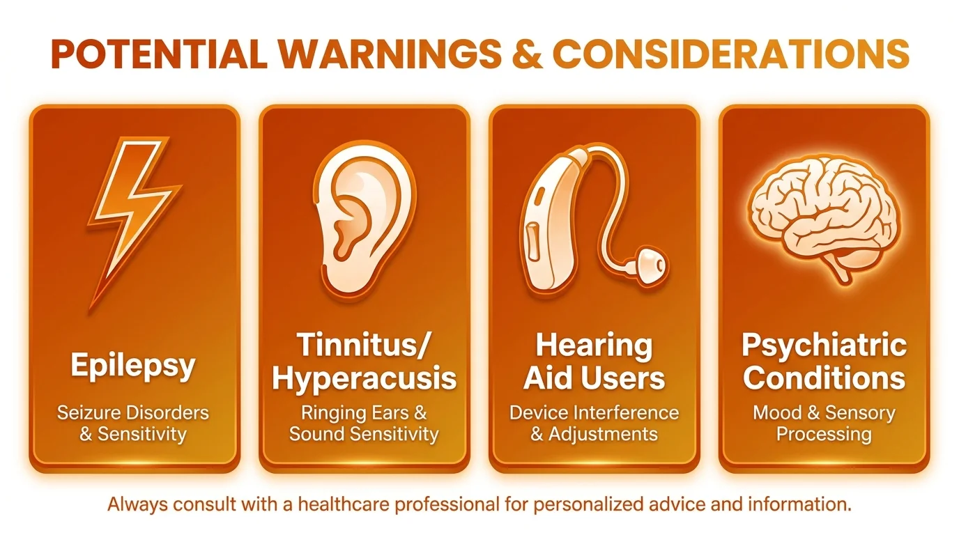 Infographic showing four groups who should consult a doctor before using 963 Hz: 1) Epilepsy, 2) Tinnitus and hyperacusis, 3) Hearing aid users, 4) Dissociative or psychiatric conditions