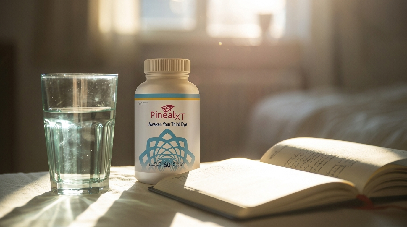 Morning wellness ritual with supplement bottle on bedside table — peaceful lifestyle context