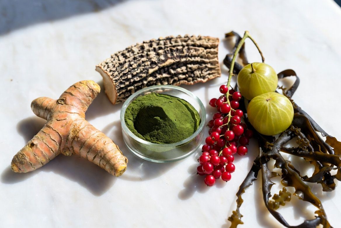Six botanical ingredients in Pineal XT displayed on marble surface — turmeric, chaga, chlorella, schisandra, amla, kelp