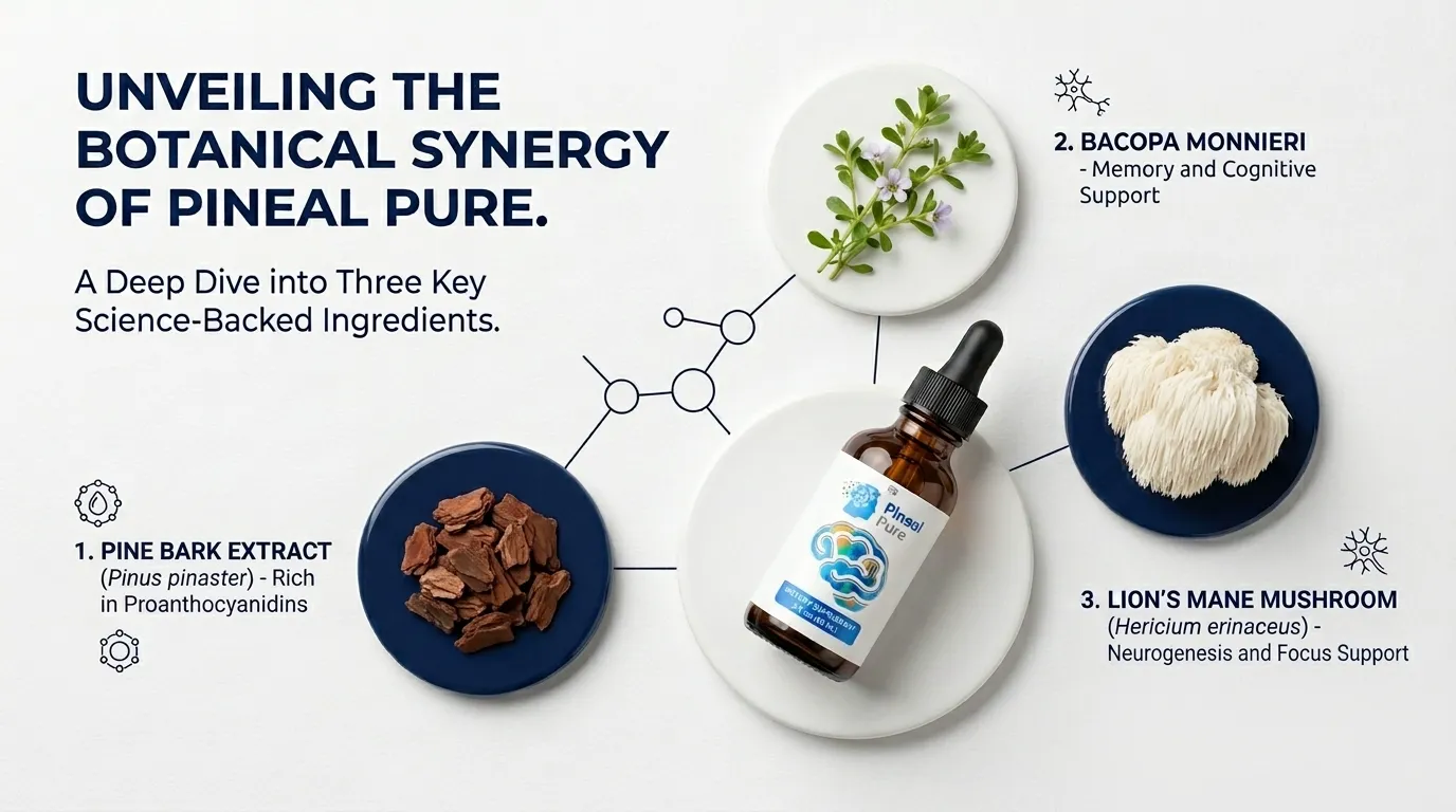 Pine bark extract, Bacopa Monnieri and Lion's Mane mushroom — the three evidence-backed ingredients in PinealPure