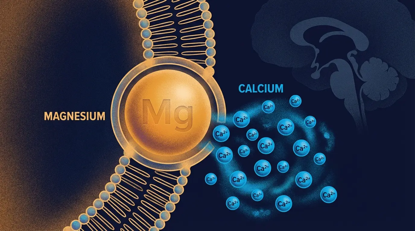 Editorial illustration of magnesium competing with calcium in pineal gland cells — supplement forms comparison for sleep and decalcification