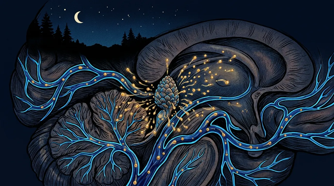 Illustration of melatonin production in pineal gland during night sleep cycle — magnesium and sleep science