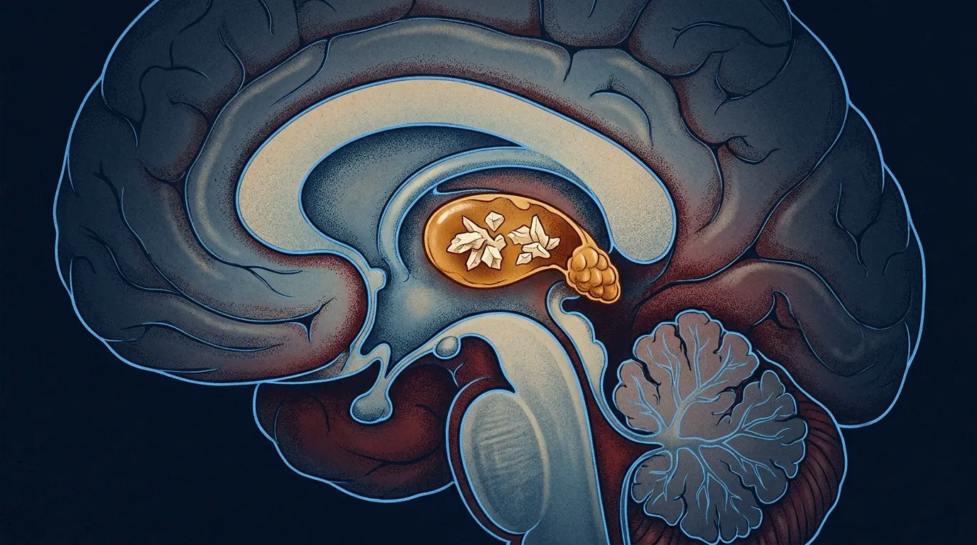 Medical diagram of pineal gland calcification visible on brain scan — calcium deposits in adults over 40