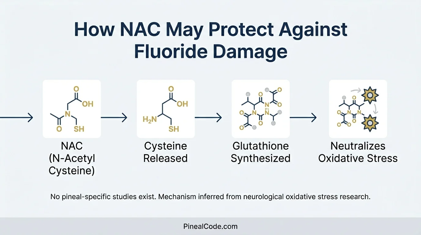 Diagram showing NAC to glutathione pathway and its relationship to fluoride oxidative stress in pineal tissue