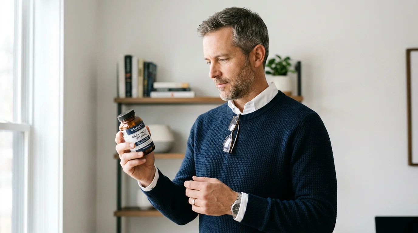 American man in his 40s researching NAC supplements thoughtfully — informed health decision editorial