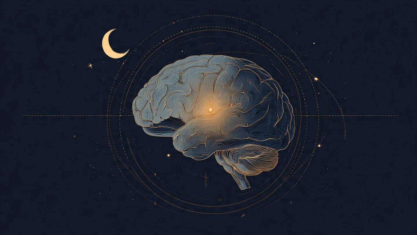Melatonin and circadian rhythm sleep cycle illustration, pineal gland at night, science editorial