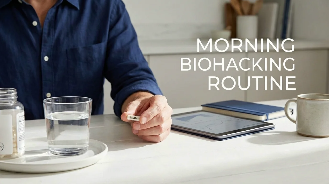NMN supplement capsule morning biohacking routine, longevity health lifestyle editorial