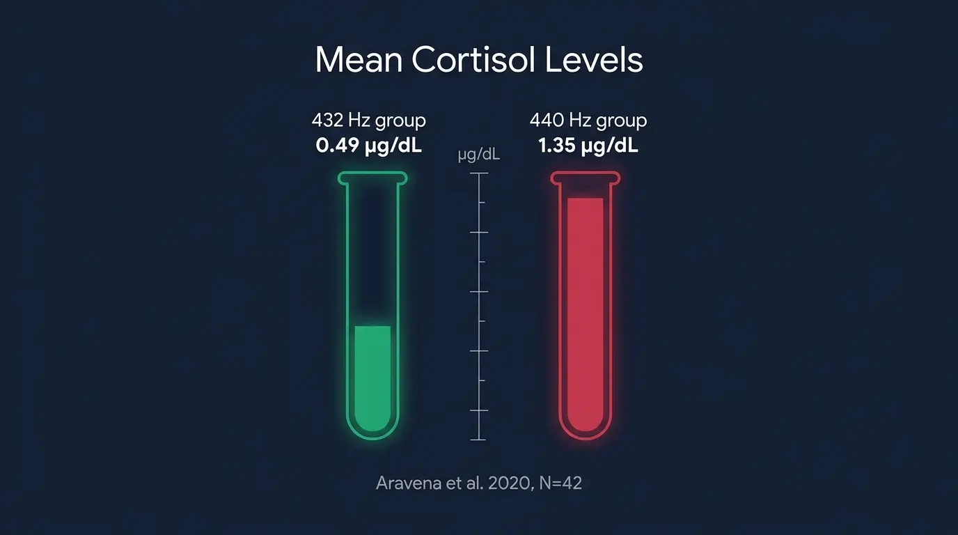 432 Hz versus 440 Hz cortisol levels comparison — Aravena et al. 2020 randomized clinical trial results visualization