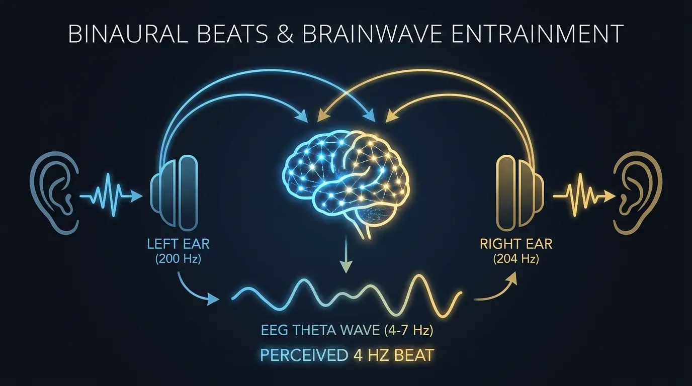 Binaural beats mechanism diagram — two different frequencies per ear creating perceived beat, theta and delta brainwave entrainment visualization