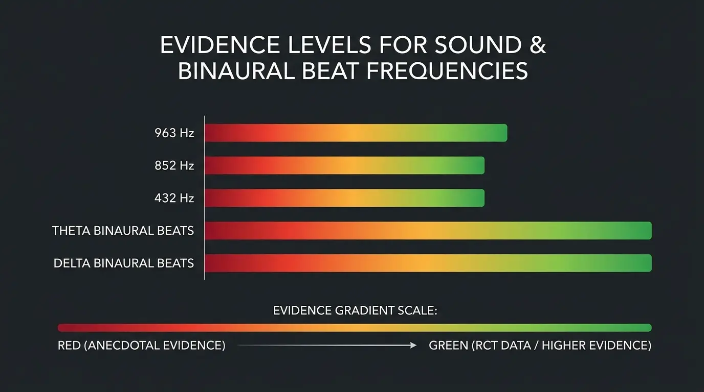 Evidence level comparison chart for pineal gland activation frequencies — 963 Hz, 852 Hz, 432 Hz and binaural beats ranked by scientific support