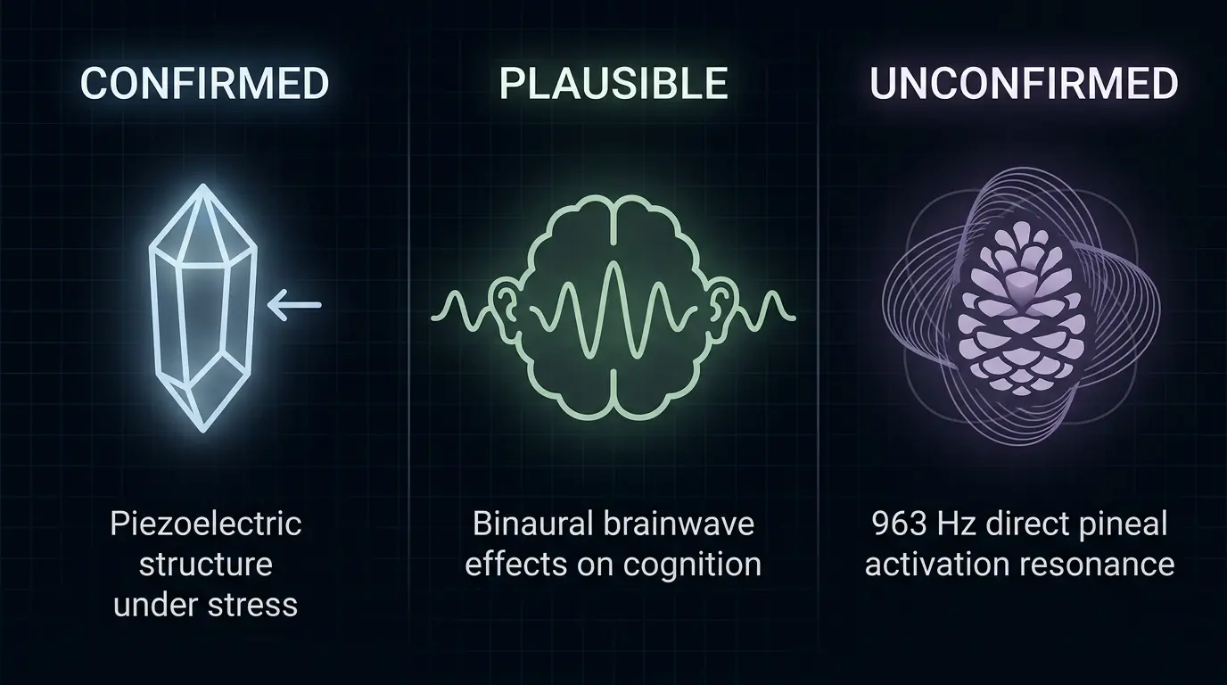 Summary infographic of pineal gland activation frequency evidence — confirmed, plausible, and unconfirmed claims by frequency type