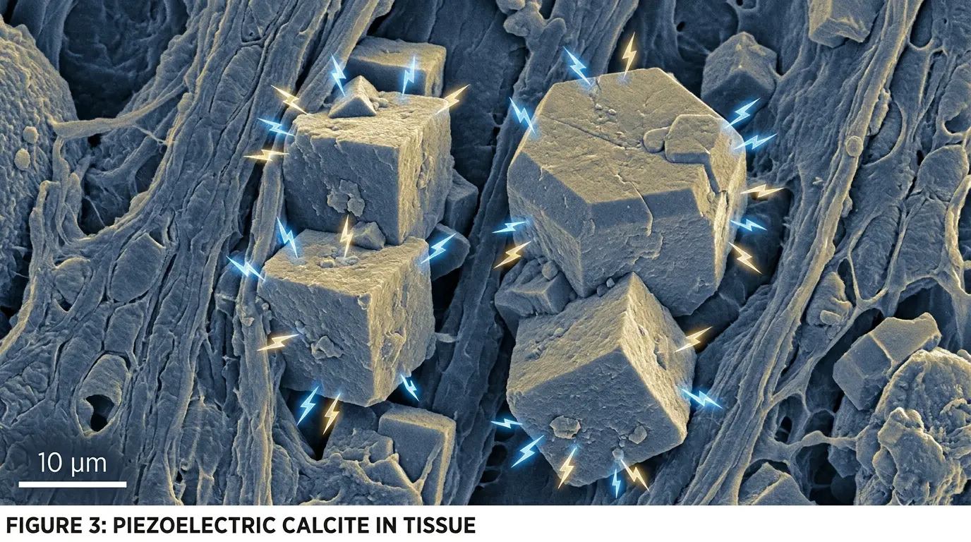Scanning electron microscopy view of calcite microcrystals in the human pineal gland — piezoelectric mechanism editorial illustration