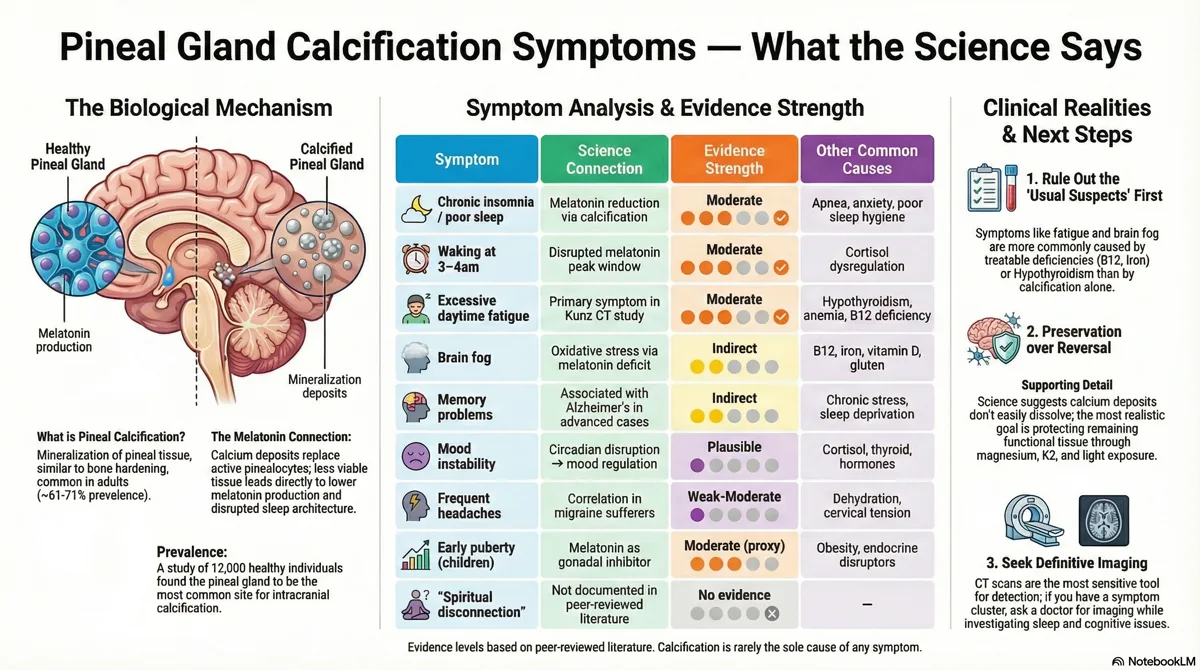 Infographic showing pineal gland calcification symptoms and their scientific evidence strength