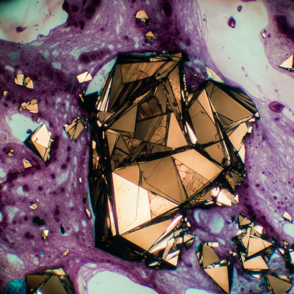 Microscopy image of calcite microcrystals in human pineal gland tissue