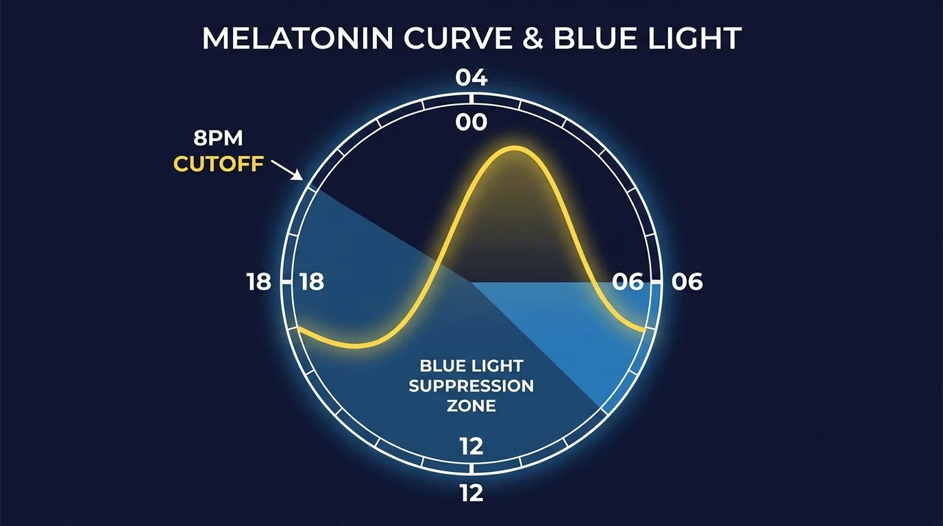 Diagram of 24-hour melatonin production cycle showing rise after sunset, peak at 2-3am, suppression by morning light, with blue light cutoff annotation at 8pm