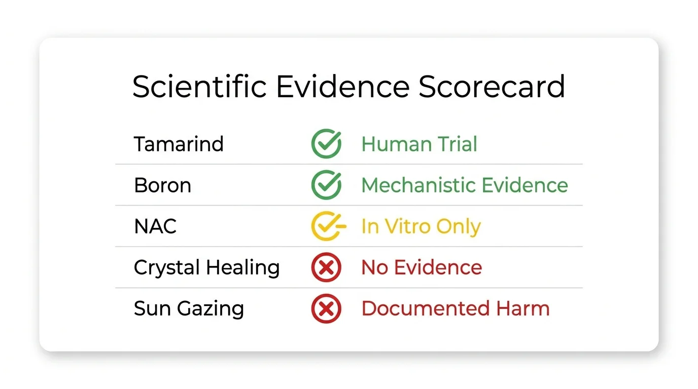 Scorecard comparing pineal detox claims by evidence level: tamarind and boron rated high evidence, crystal healing and sun gazing rated no evidence or harmful