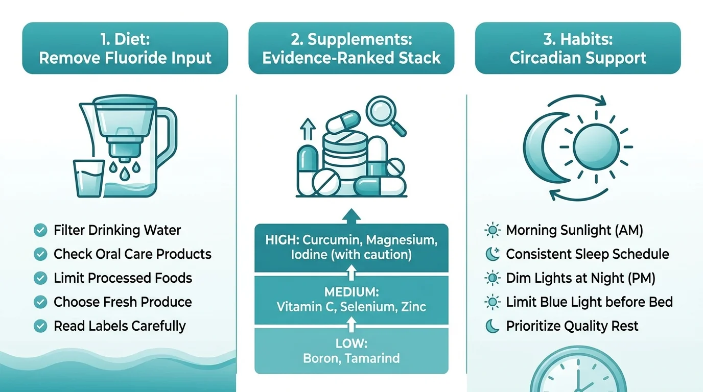 Infographic showing three-pillar pineal detox protocol: Pillar 1 Diet (remove fluoride input), Pillar 2 Supplements (evidence-ranked stack), Pillar 3 Habits (circadian support)