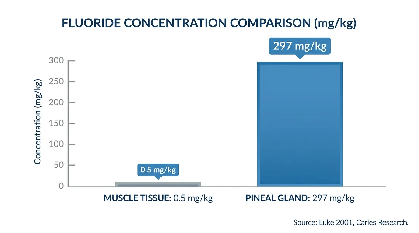 Bar chart comparing fluoride concentration in pineal tissue versus muscle tissue, showing pineal accumulates 594x more fluoride