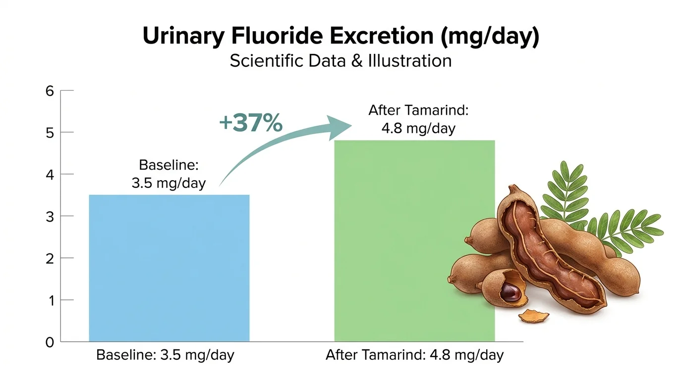 Bar chart showing urinary fluoride excretion increasing 37% from 3.5 to 4.8 mg per day after 18 days of tamarind supplementation in Khandare 2002 study