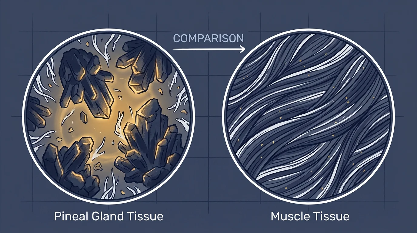 Cross-section illustration of pineal gland tissue showing fluoride accumulation compared to muscle tissue