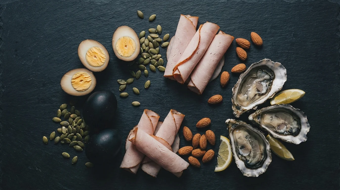 Tryptophan-rich foods for melatonin production: eggs, pumpkin seeds, turkey, almonds on dark surface