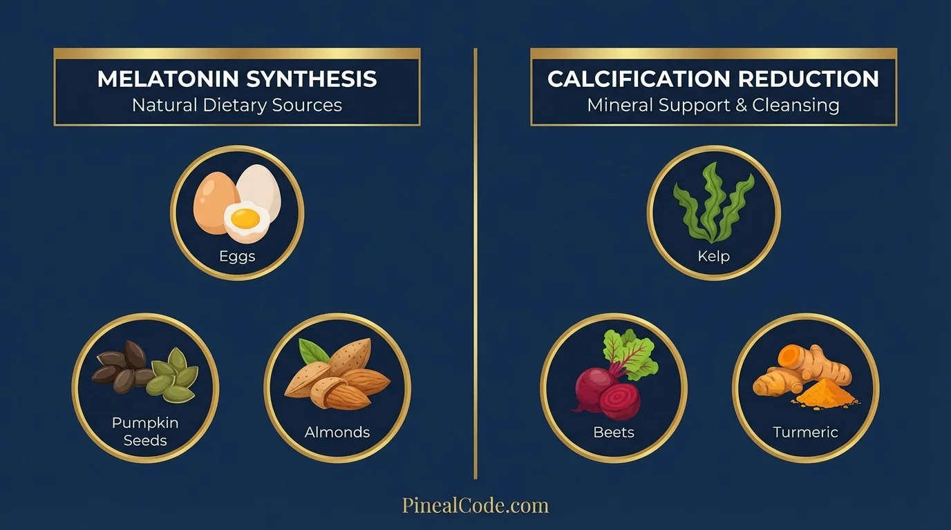 Pineal gland foods split by mechanism: melatonin synthesis nutrients vs calcification reduction foods