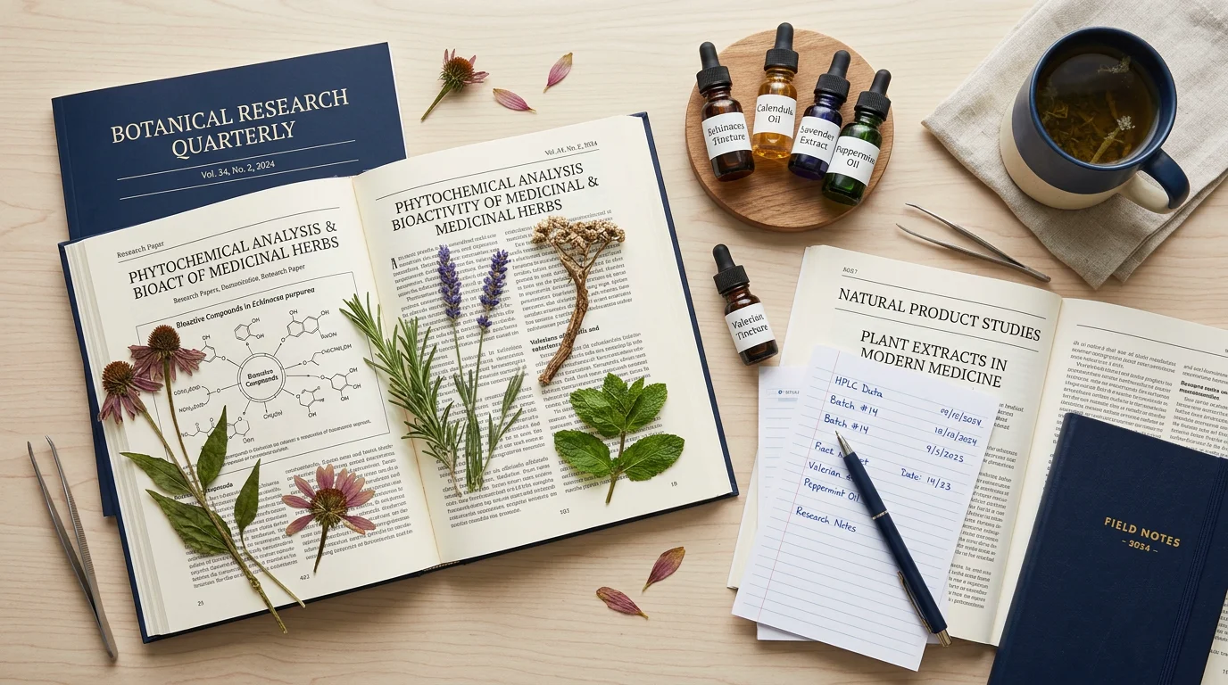 Open scientific journals with botanical specimens — research papers and plant extracts editorial flat lay