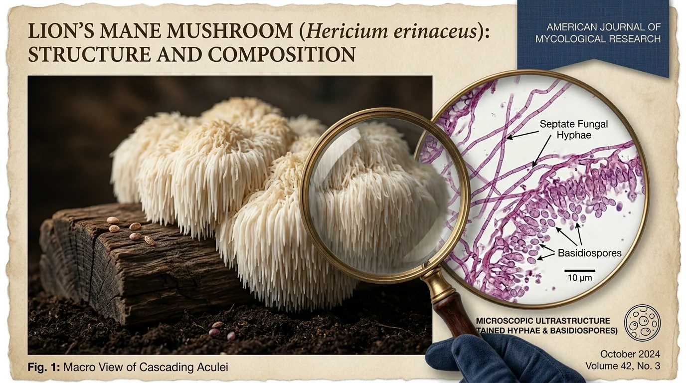 Lion's mane mushroom close-up with microscopic structure visible — scientific editorial photography