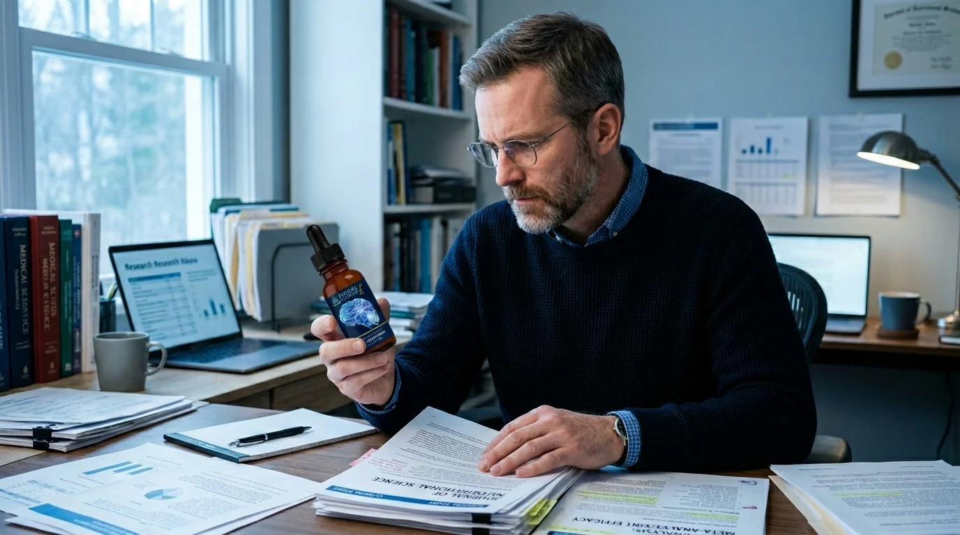 Man in his 40s examining supplement bottle label carefully with research papers on desk — editorial health photography