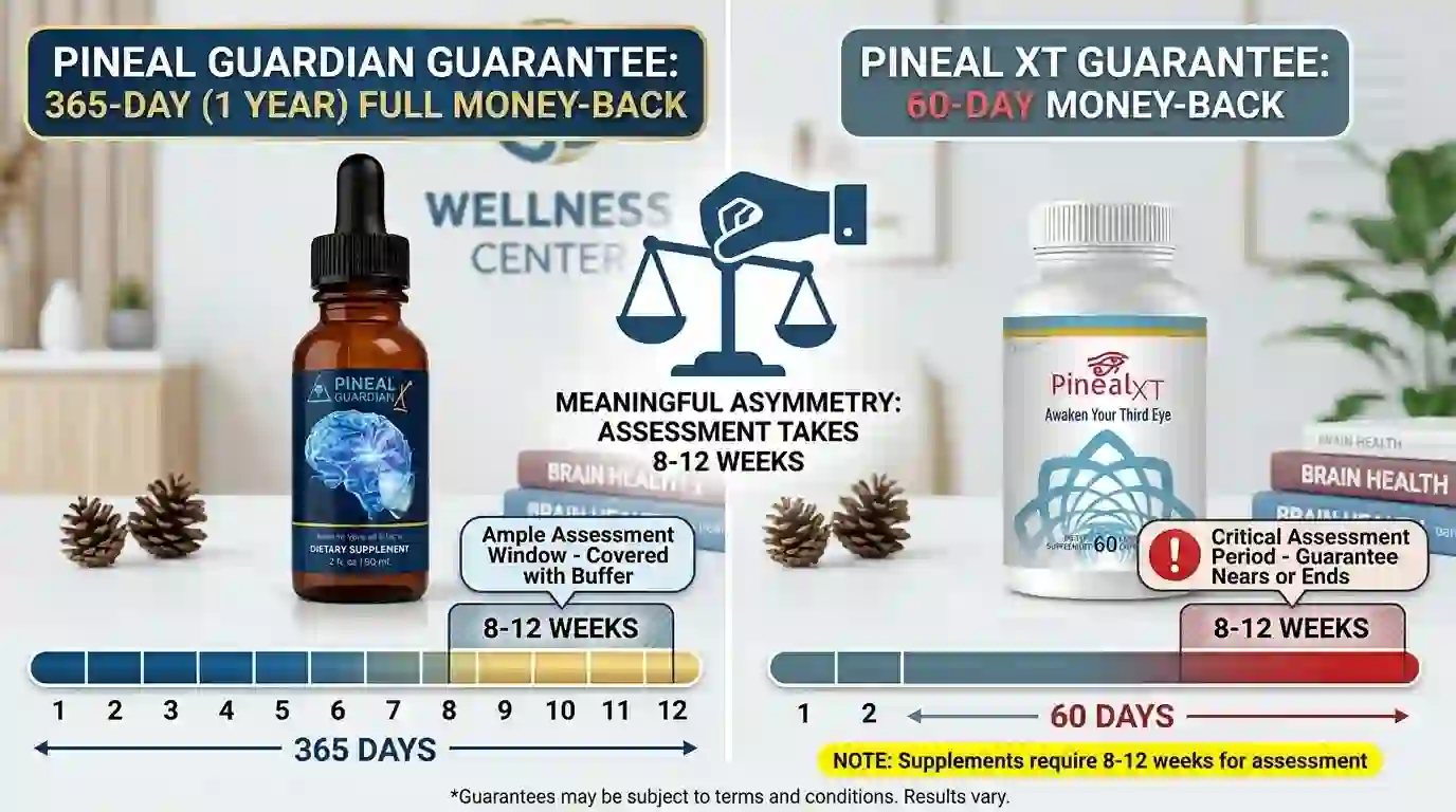 Pineal Guardian vs Pineal XT side-by-side comparison infographic showing ingredients, price, and guarantee