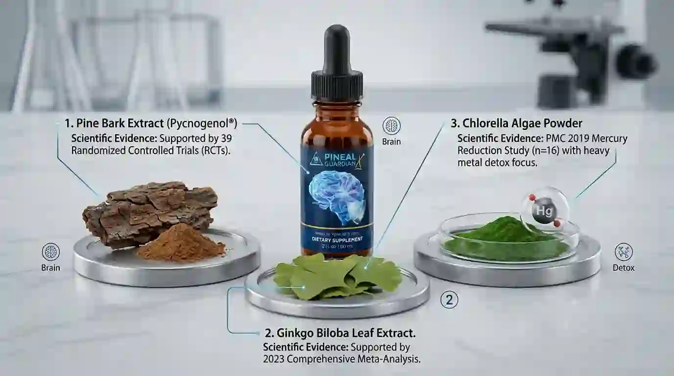 Pineal Guardian key ingredients Pine Bark Ginkgo Biloba and Chlorella with evidence tiers