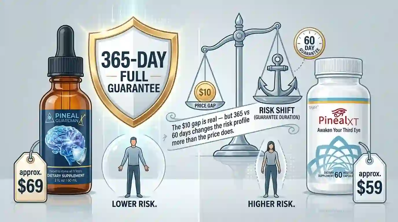 Pineal Guardian vs Pineal XT price and guarantee comparison infographic