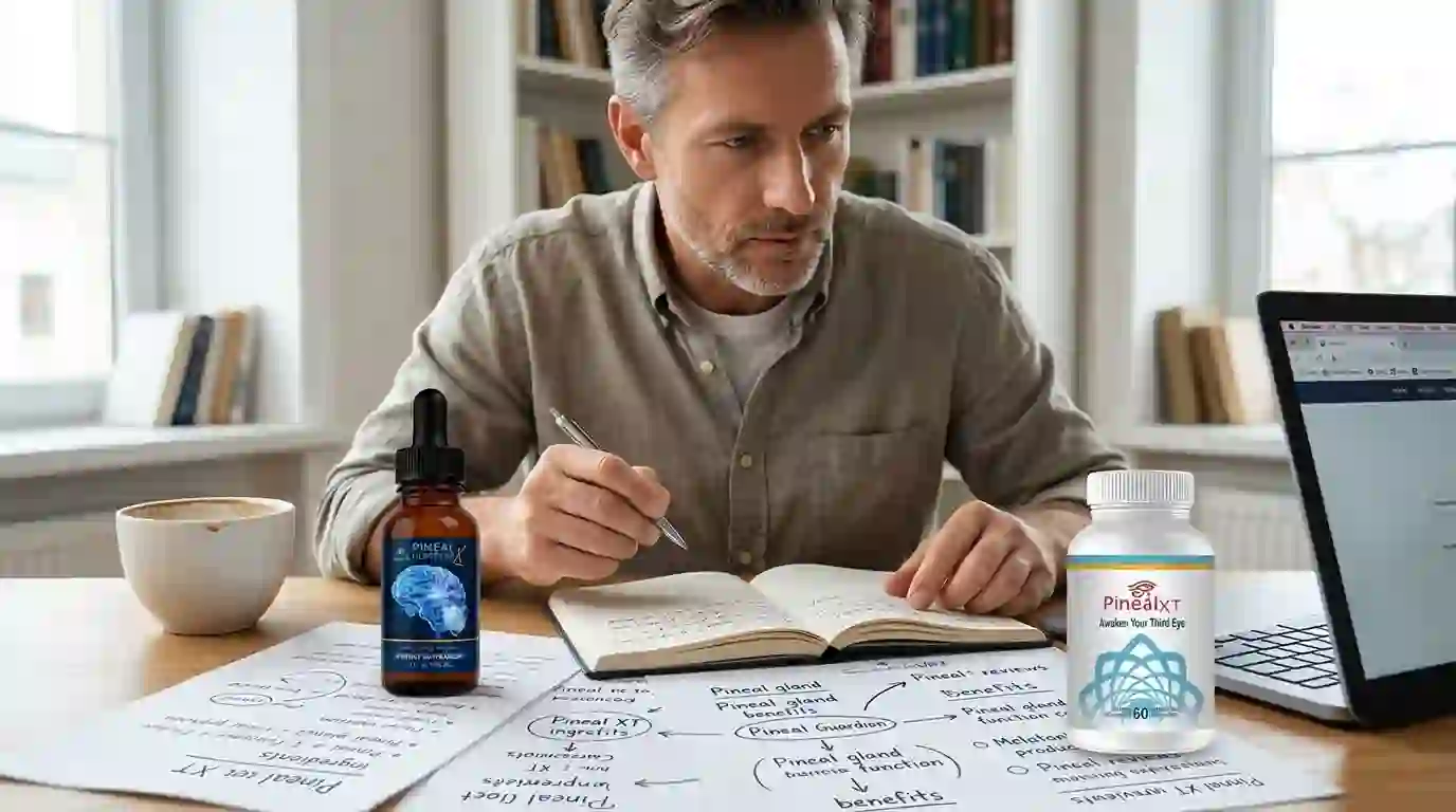 Man comparing Pineal Guardian and Pineal XT supplement options with research notes
