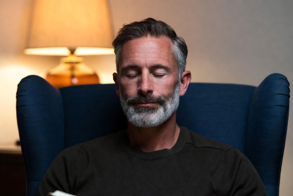 Healthy American man in his 40s relaxing and reading — wellness lifestyle
