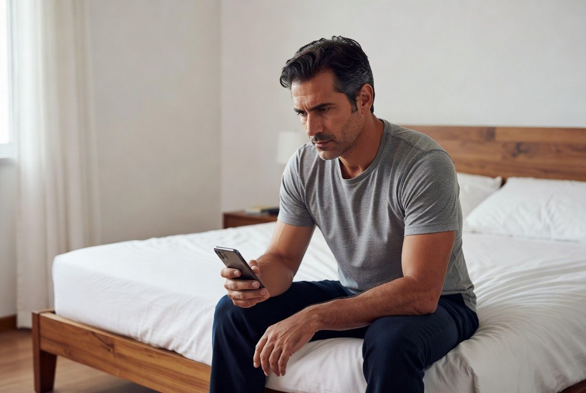 American man in his 40s skeptically researching supplements in the morning
