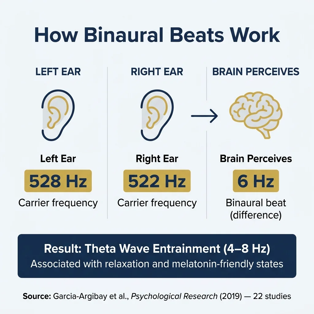Diagram showing binaural beat mechanism: left ear 528 Hz plus right ear 522 Hz equals 6 Hz theta brainwave entrainment