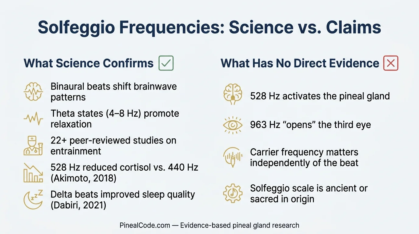 Infographic comparing what science confirms about solfeggio frequencies versus unproven claims about pineal gland activation